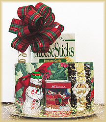 Holiday Gold Disc of Goodies - Scrumptious assorted chocolates, chunky cheese sticks, jumbo salted peanuts, Christmas cocoa, and a friendly chocolate snowman.