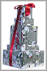 Holiday Tower of Treats - Contains nacho chips, flavored potato chips, cookies, pretzels, popcorn, foil wrapped chocolate balls, salsa and peanuts. A great treat for the entire office!